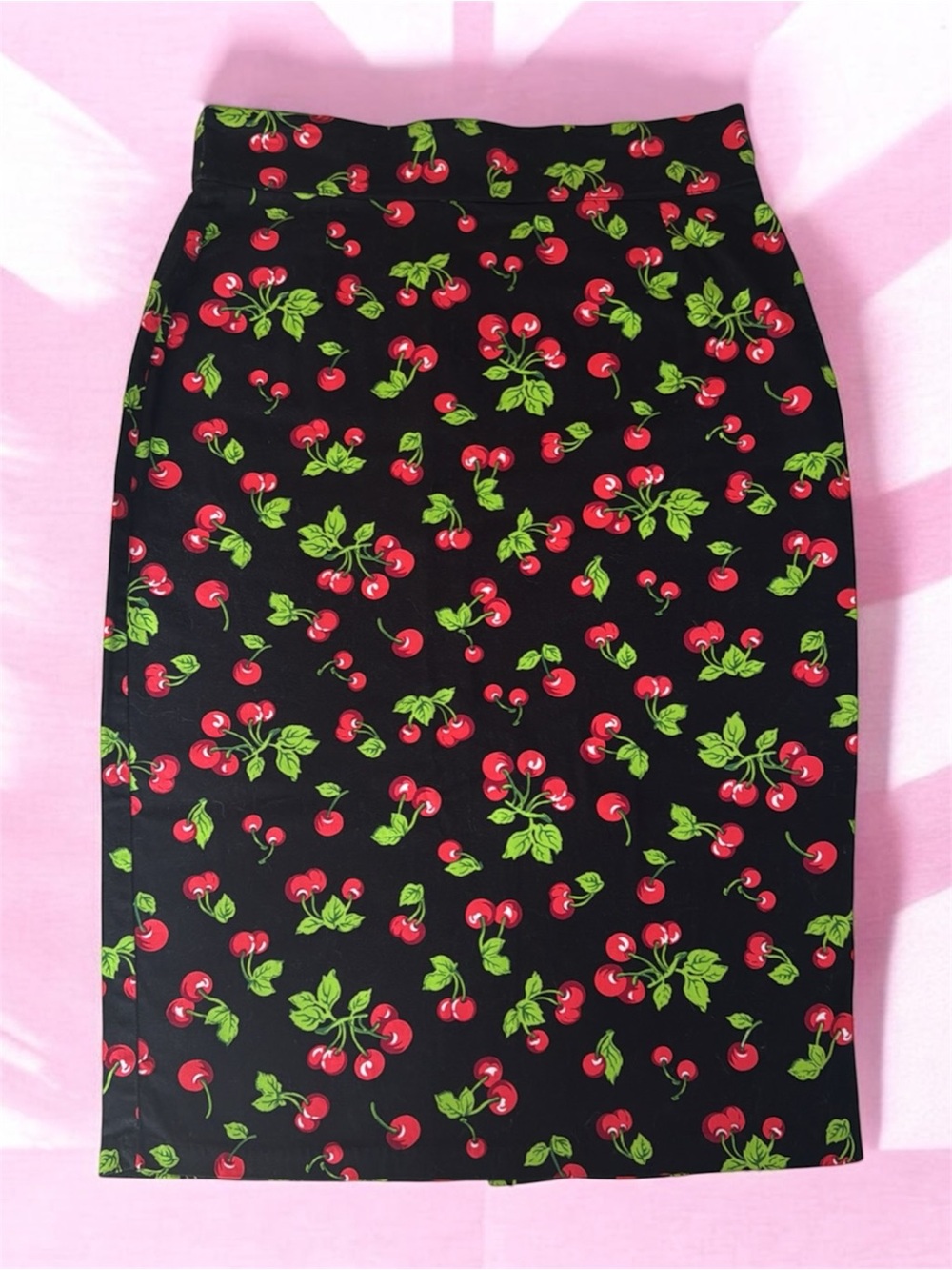 Pinup Cherry Print Pencil Skirt - Black/Red Sz L